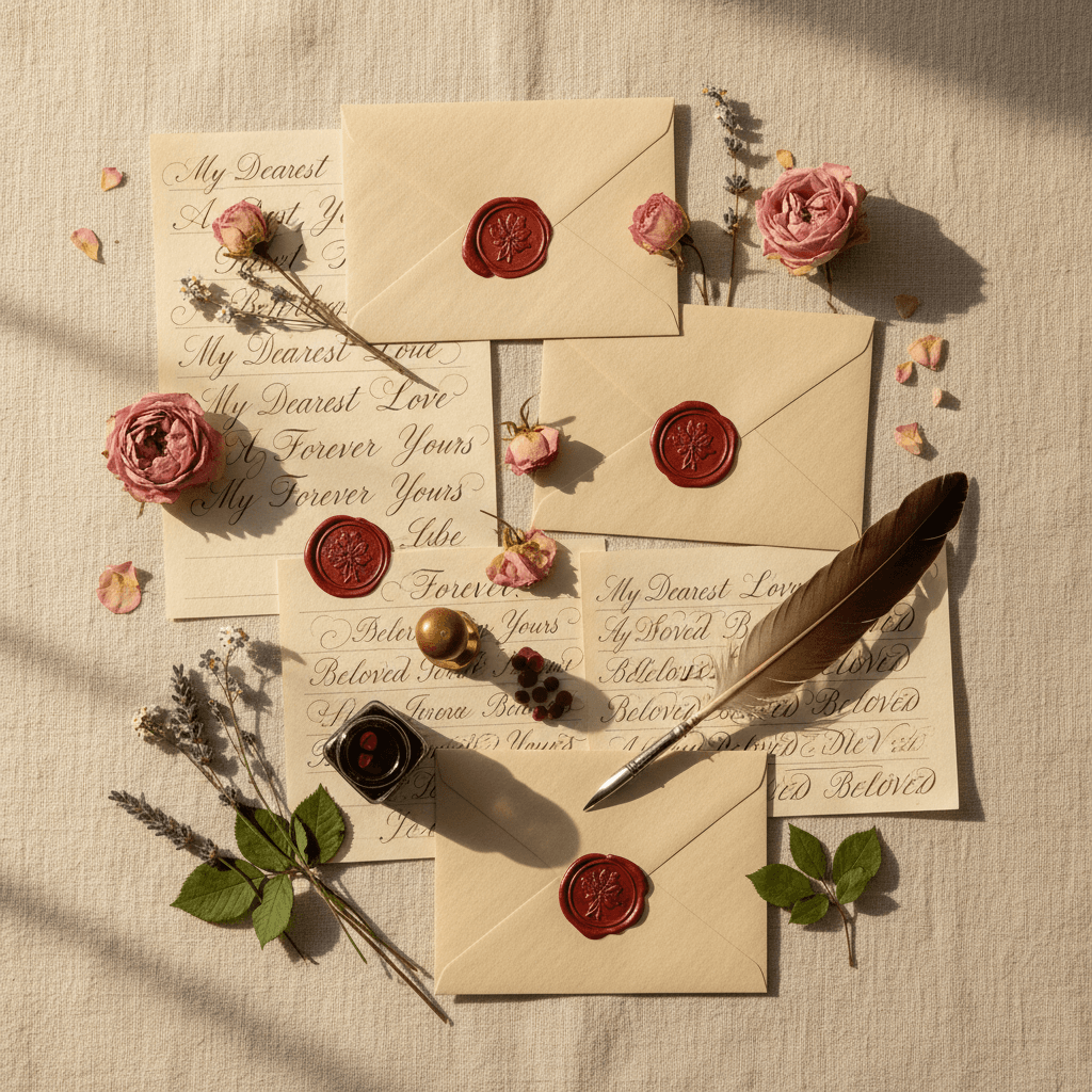 Artistic overhead arrangement of handwritten letters, envelopes with wax seals, and pressed flowers on linen background